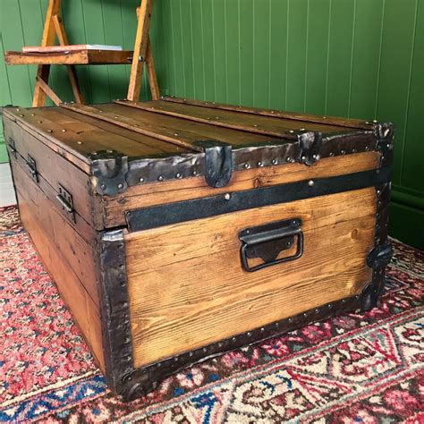 Antique Victorian Steamer Trunk Coffee Table Old Rustic Pine Chest