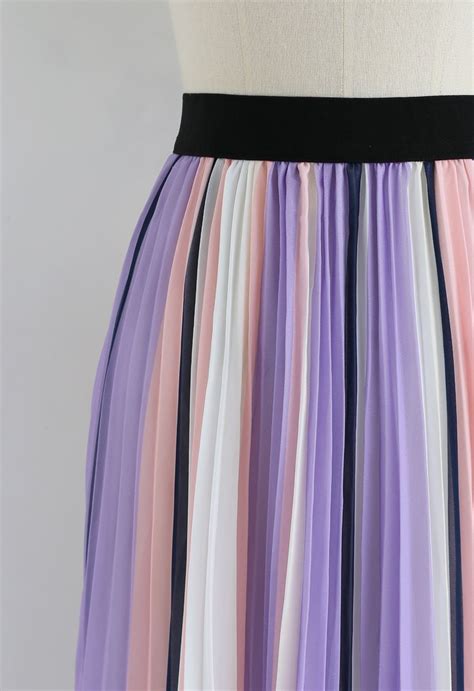 Contrasted Color Stripes Pleated Midi Skirt In Purple Retro Indie