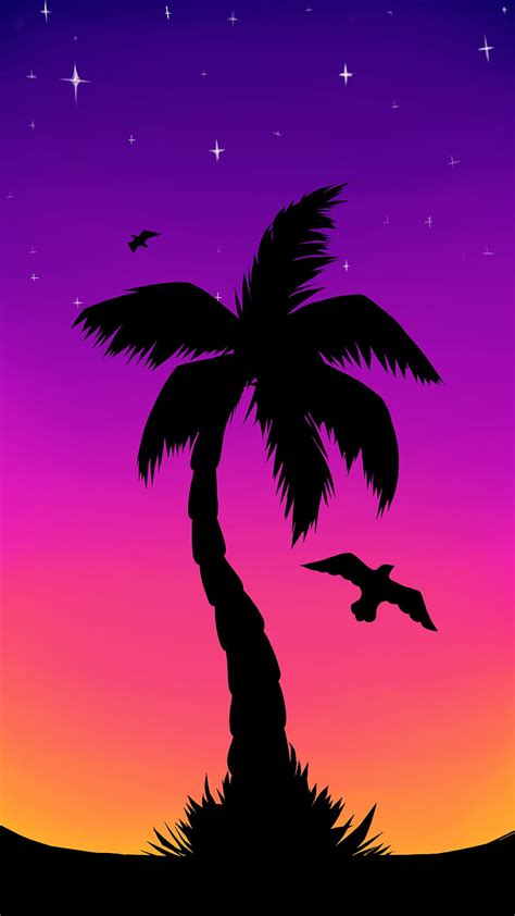 Palm Tree Colorful Evening Landscape Purple Sunset Vector Hd