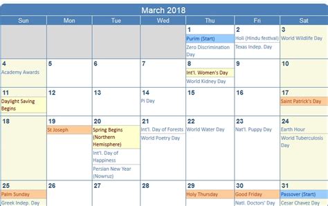 March 2018 Calendar With Holidays United States Pata Sauti