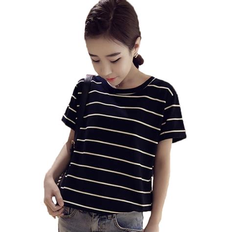 o neck black and white striped short sleeve t shirt loose plus size women tops summer cotton