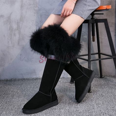 Chic Womens Tall Fur Boots Suede Winter Flat Knee High Boots