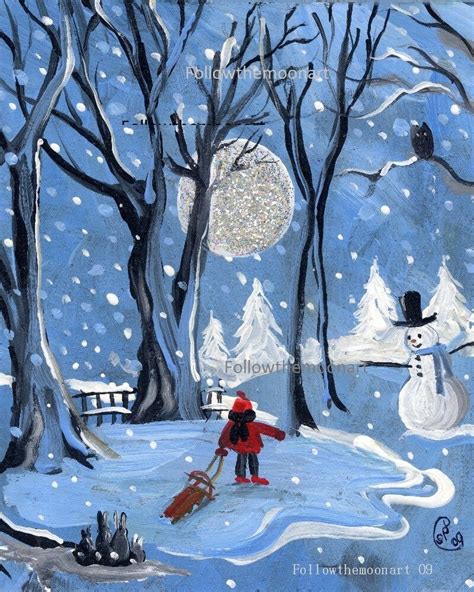 Blue Christmas Snowman Bunnies Child Sledding Full Moon