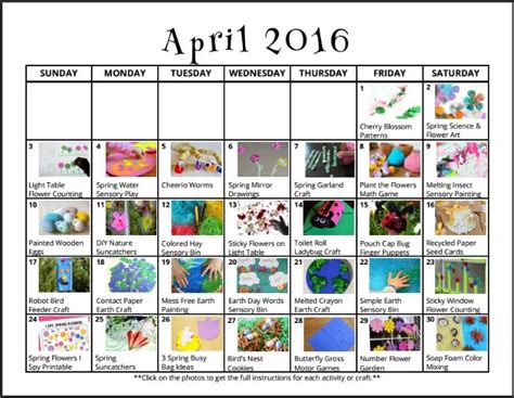 Free Clickable April Play Calendar Preschool Craft Activities