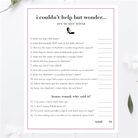 Sex And The City Bachelorette Party Trivia Game Printable
