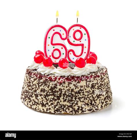 Birthday Cake With Burning Candle Number 69 Stock Photo Alamy