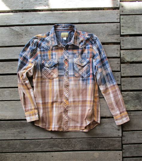 Fall Flannel Pearl Snap Shirt Mens Large Cotton Plaid Bleached Reverse