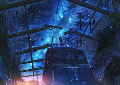 Starry Sky Anime Girl Walking Scenic Moon Night Nebula Falling