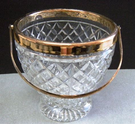 Vintage Diamond Pattern Thick Pressed Glass Ice Bucket W Handle Gold Coating Ebay Vintage