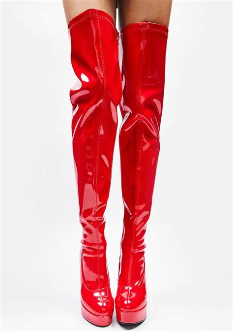 Ellie Shoes Patent Platform Thigh High Boots Red