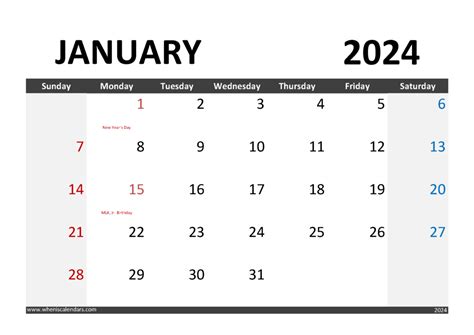 Download Calendar January 2024 Printable A4 Horizontal J4005
