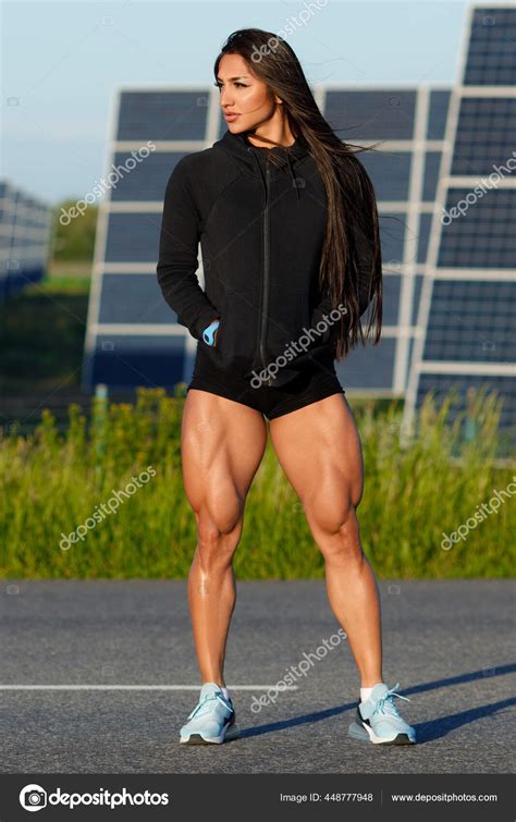Athletic Woman Big Quads Muscular Girl Posing Outdoor Muscular Legs