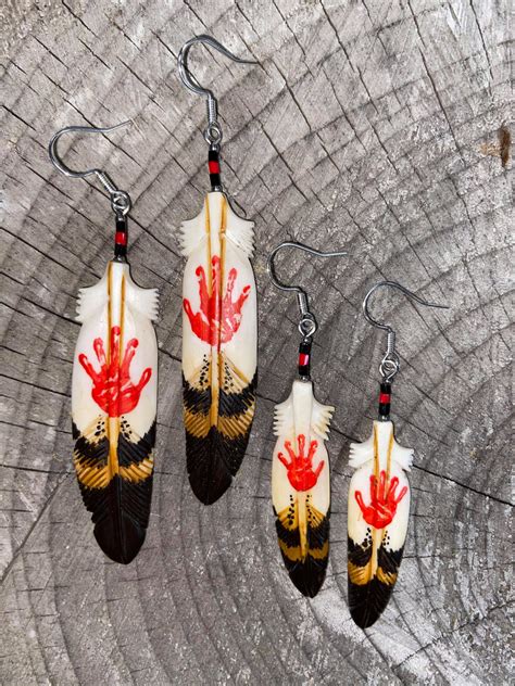 Painted Red Hand Feather Bone Earrings