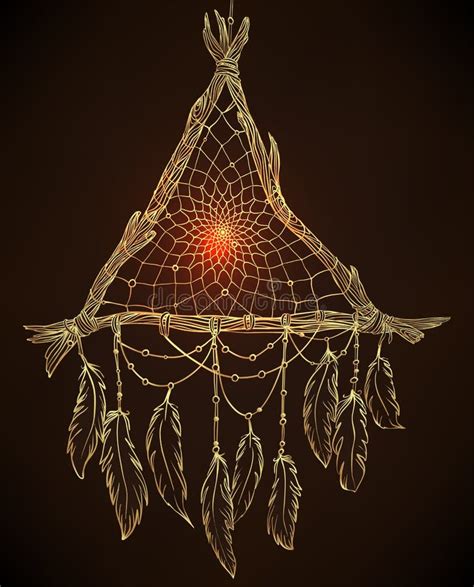 Hand Drawn Drawing Of A Triangle Shaped Dreamcatcher With Feathers