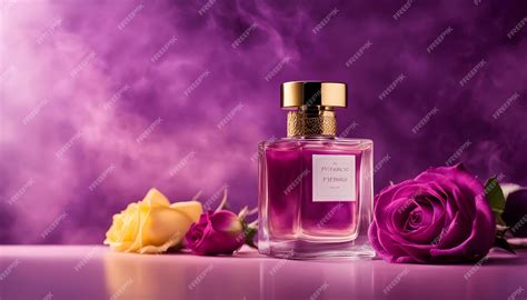 Premium Photo | A bottle of perfume with purple background and yellow roses