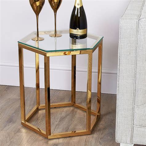 Fleur Hexagon Gold Metal End Side Table With Toughened Clear Glass Top Picture Perfect Home