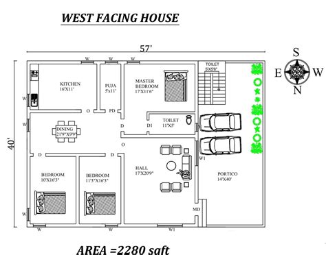 57x40 Marvelous 3bhk West Facing House Plan As Per Vastu Shastra