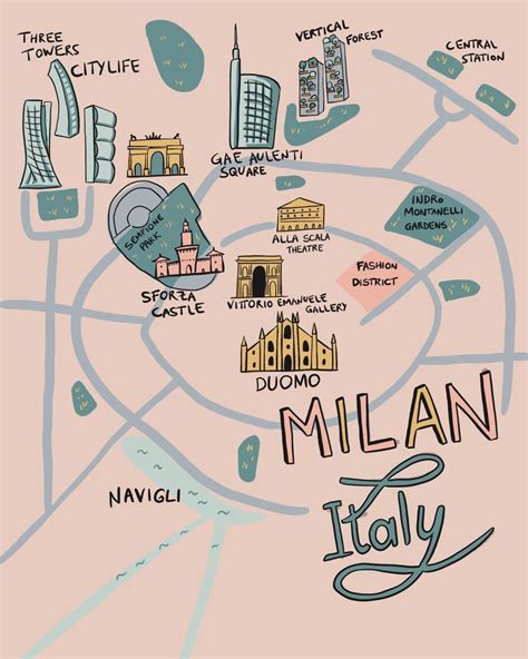 Illustrated Map Of Milan With A Light Color Palette Skyline Landmarks
