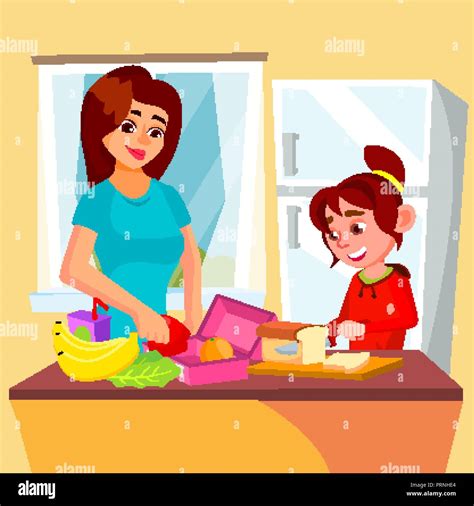 Niña Ayudando A Mamá En La Cocina De Vector Box Lunch Ilustración