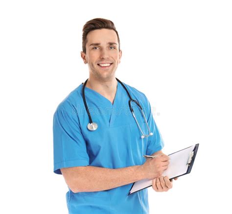 Portrait Of Medical Assistant With Stethoscope And Clipboard On Color Background Stock Image