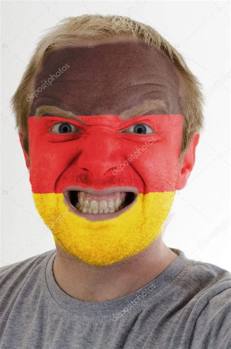 Face Of Crazy Angry Man Painted In Colors Of German Flag — Stock Photo