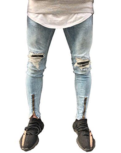 Mens Vintage Skinny Fit Zipper Biker Ripped Jeans Slim Leg Denim Pants