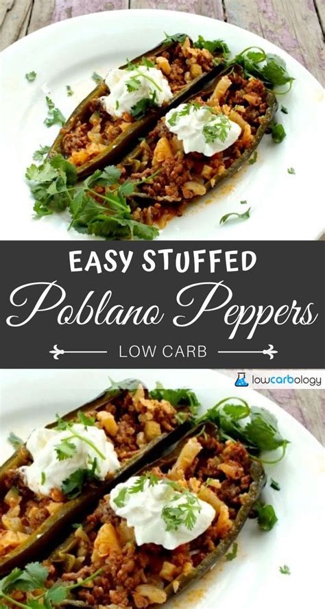 Brown the ground beef (or turkey) in the minced garlic and diced onion and drain grease. Low-Carb Stuffed Poblano Peppers | Recipe | Stuffed peppers