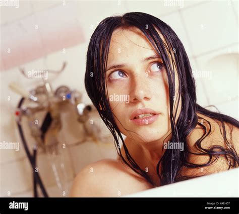 Woman Female Girl Age 20 25 Face Young Dark Haired Sit Bathe Fear