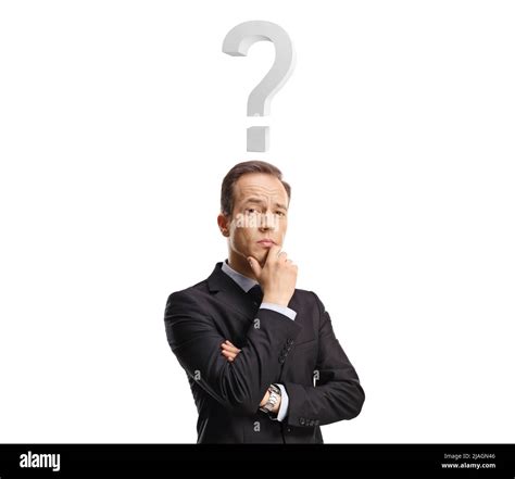Pensive Businessman With A Question Mark Above His Head Isolated On