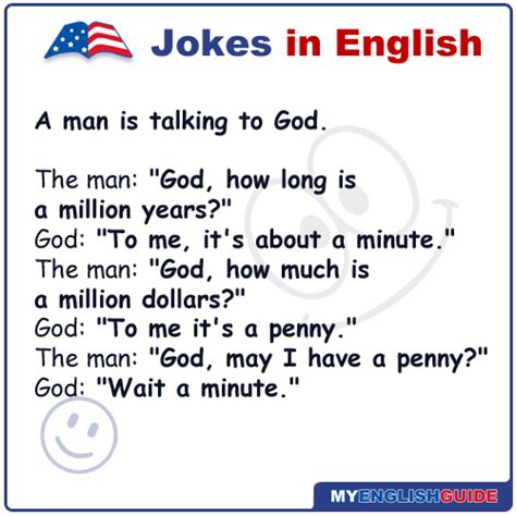 Jokes come in all shapes and sizes, from the ones that require a lot of setup and a health attention span to the quick zingers that you can shoot off the major plus of short jokes is that they're easy to repeat from off the top of your head, meaning that the 50 gags below are perfect for pulling out the. Jokes: Man and God - My English Guide | English jokes ...