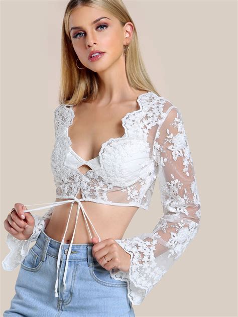 Shop Lace Overlay Long Sleeve Crop Top Off White Online Shein Offers