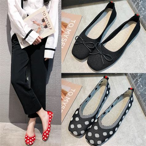 Sweet Polka Dot Knitting Flats Shoes Women Square Toe Bowtie Stretch