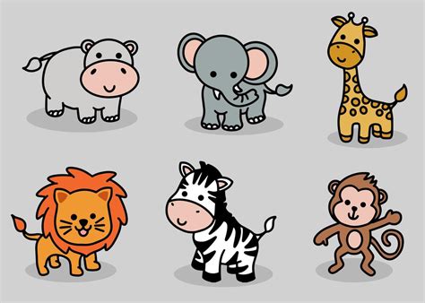 Cute Animal Set Hippo, Elephant, Giraffe, Lion, Zebra, Monkey Line Art