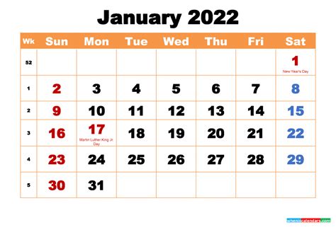 Free January 2022 Calendar With Holidays Printable Pdf World National