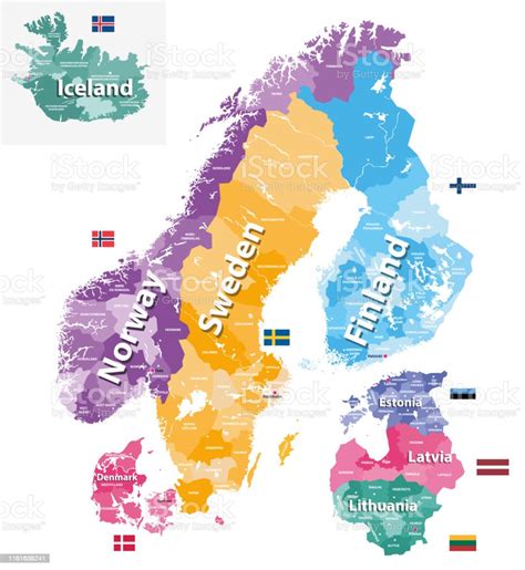 Scandinavian And Baltic Regions Countries Political Detailed Map Vector