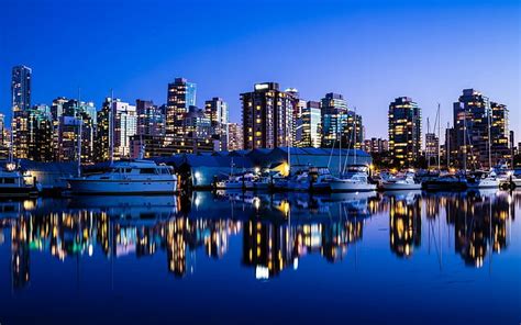 Vancouver Canada Night Landscape Boats Lights Hd Wallpaper