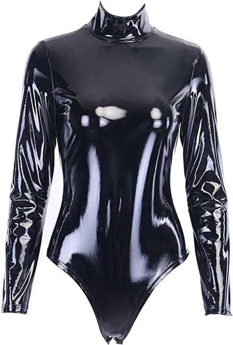 Oyolan Womens Shiny Metallic Pu Leather Bodysuit Long Sleeve High Cut Zipper Leotard Bodycon