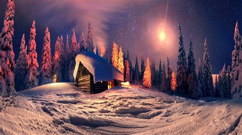 Download Sparkly Night Sky Above Cozy Winter Cabin Wallpaper