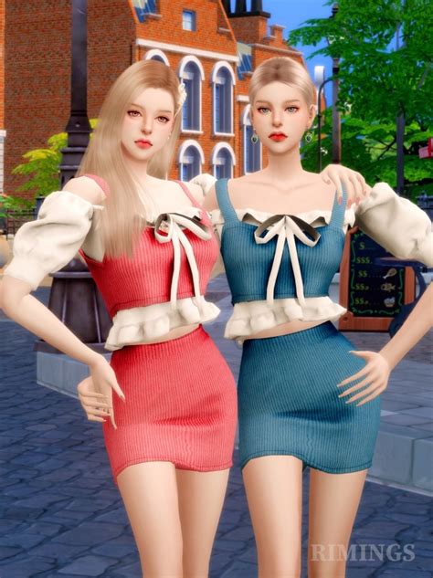 Ruffle Blouse And Knit Bustier Two Piece Outfit At Rimings The Sims 4