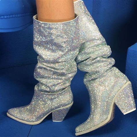 Sexy Full Drilled Glitter Crystal Knee High Boots Pointed Toe Summer Chunky High Heel Rhinestone