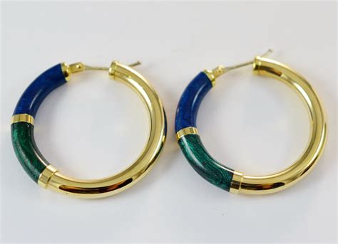 14k Yellow Gold Hollow Hoop Earrings With Blue And Green Enamel