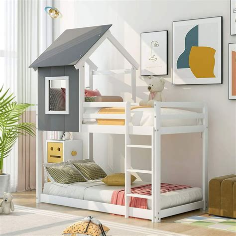 Twin Over Twin Low Bunk Bed Wood House Bunk Bed Frame With Ladder