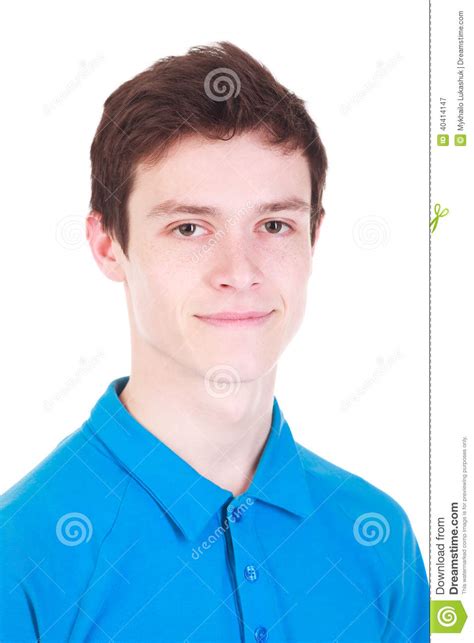 Young Handsome Smiling Man In Blue T Shirt Isolated On White Stock