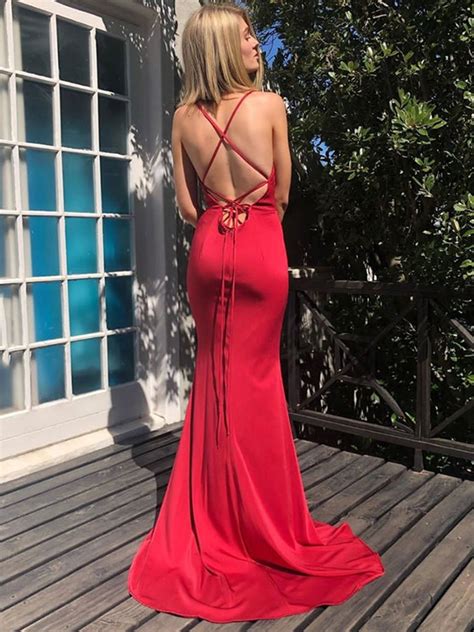 V Neck Mermaid Backless Red Long Prom Dresses Mermaid Backless Red Fo