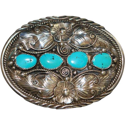 Navajo Sterling Silver And Turquoise Belt Buckle From Antiqueworldusa