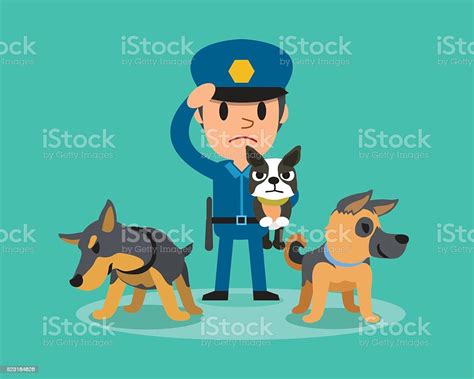 Cartoon Security Guard Policeman With Police Guard Dogs Stock