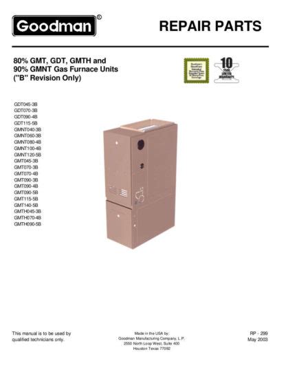 Goodman Gas Furnace Parts Manual For Models Gdt045 3b Gdt070 3b