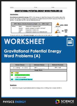 Determine whether the objects in the problems have kinetic or potential energy. Worksheet - Gravitational Potential Energy (GPE) Word ...