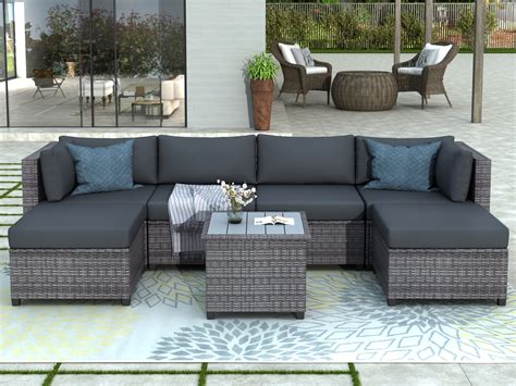 7 Piece Patio Furniture Set with 4 Rattan Wicker Chairs, 2 Ottoman ...
