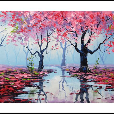 Palette Knife Large Oil Painting Pink Blossom Trees Spring